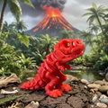 Toy dinosaurs in a prehistoric setting with palm trees and rocks.